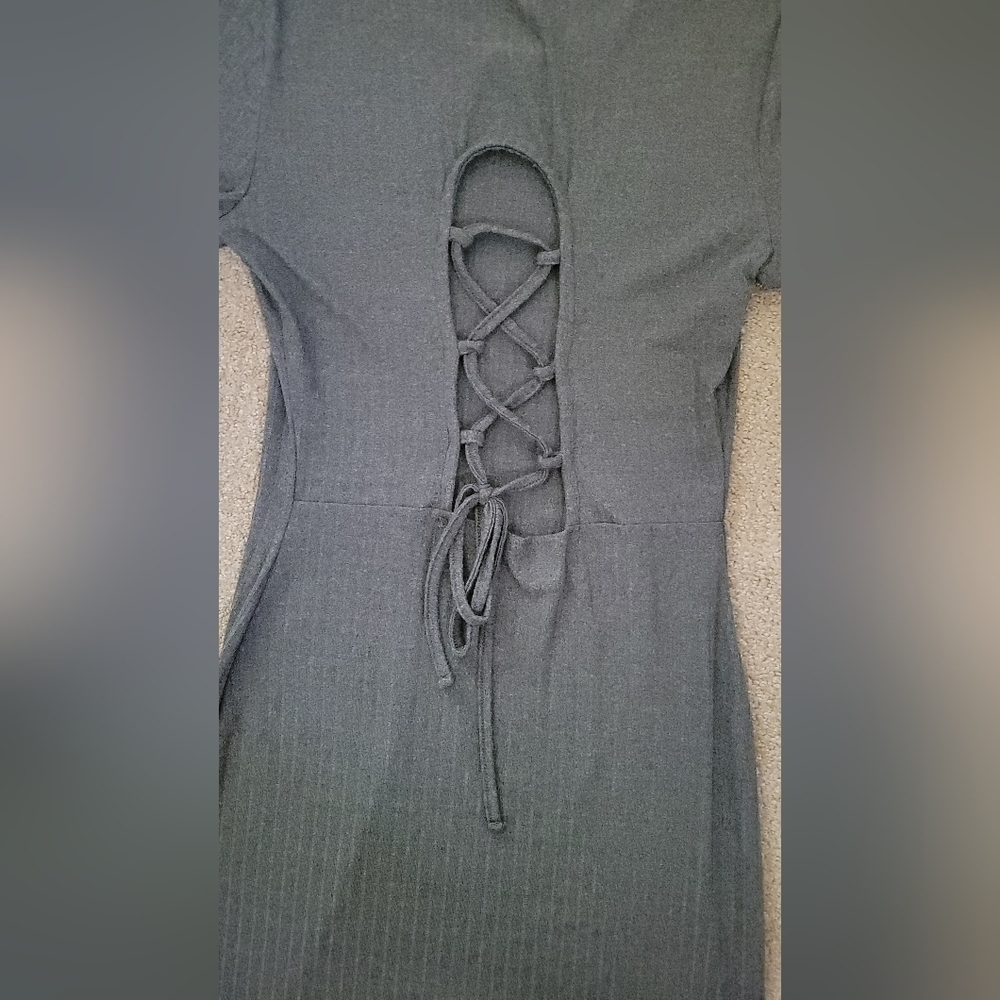 Hearts Collective Grey Ribbed Knit Lace Up Back Casual Dress - Picture 2 of 8